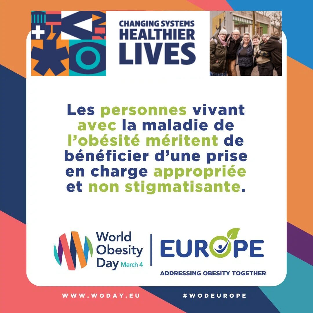 Promotional image for World Obesity Day featuring text advocating for non-stigmatizing care for people with obesity. Includes logos for the event and a group photo.