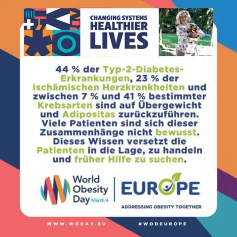 Informational poster about World Obesity Day with statistics on diseases related to obesity. Includes a logo, a date (March 4), and an image of a person holding a baby. Text mostly in German.