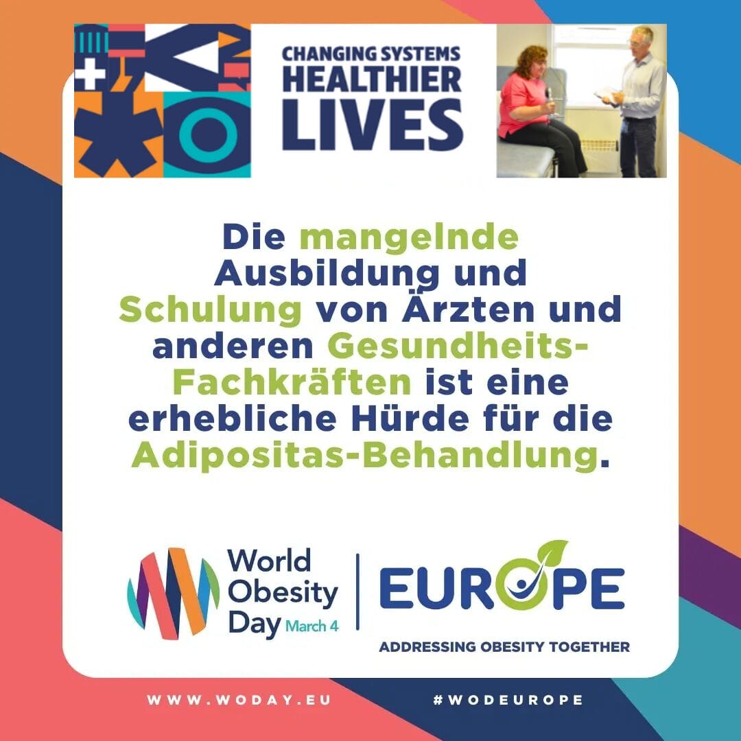 Promotional image for World Obesity Day featuring text about the need for better training for health professionals. Includes logos and a photo of a medical consultation.