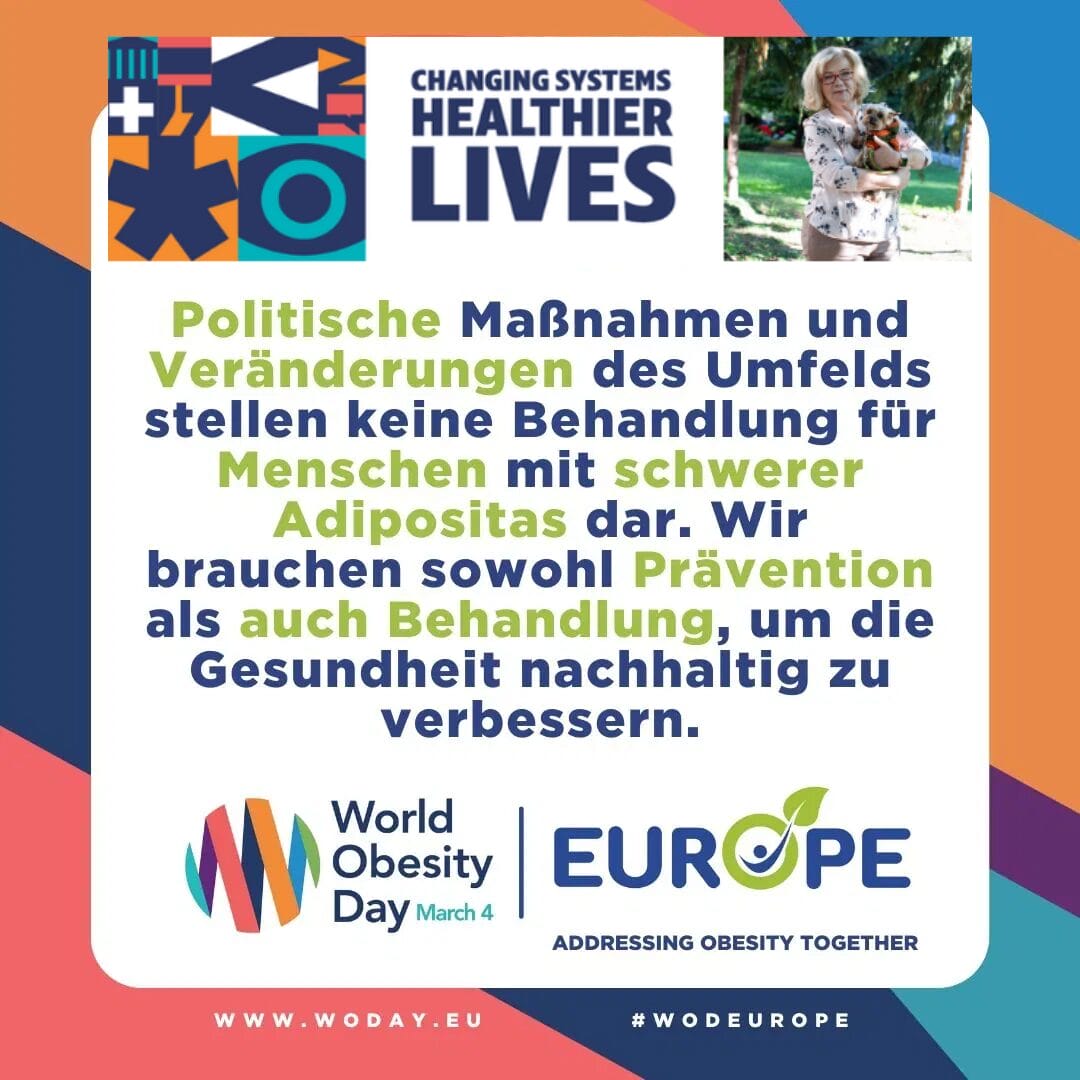 A World Obesity Day poster in German and English discussing the need for policy changes and prevention for managing severe obesity. Features "Changing Systems, Healthier Lives" slogan.