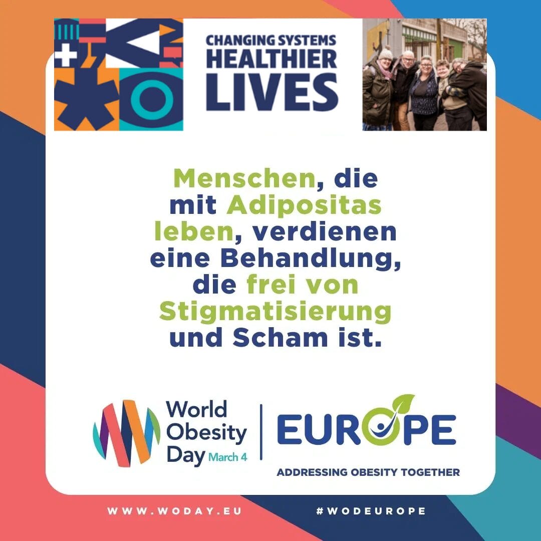 Promotional poster for World Obesity Day with the slogan advocating treatment without stigma. Features logos, colorful graphics, and a group photo.