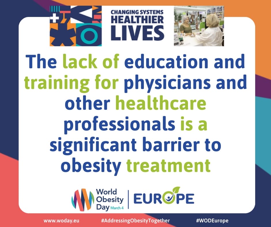 Graphic highlighting the need for education and training for healthcare professionals as a barrier to obesity treatment. Includes World Obesity Day and Europe logos. Graphic highlighting the need for education and training for healthcare professionals as a barrier to obesity treatment. Includes World Obesity Day and Europe logos.