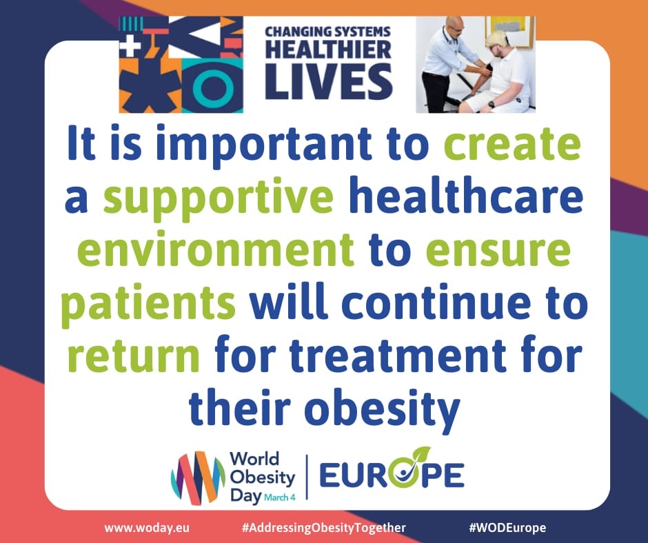 Text about supportive healthcare environments for obesity treatment, with World Obesity Day logo, website, and hashtag. Text about supportive healthcare environments for obesity treatment, with World Obesity Day logo, website, and hashtag.