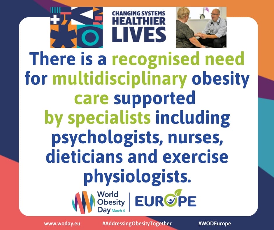 Infographic on obesity care need, highlighting the role of psychologists, nurses, dieticians, and exercise physiologists. Features World Obesity Day Europe logo and patient-consultation image. Infographic on obesity care need, highlighting the role of psychologists, nurses, dieticians, and exercise physiologists. Features World Obesity Day Europe logo and patient-consultation image.