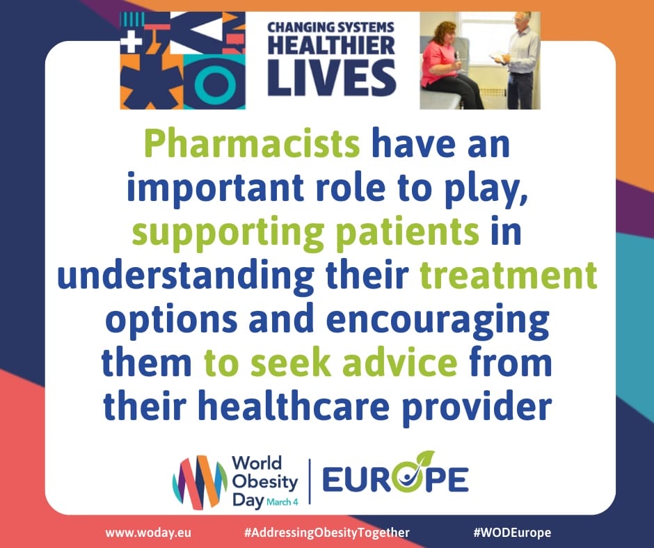 Promotional poster for pharmacists' role in patient support, highlighting treatment guidance and advice. Includes logos for World Obesity Day and Europe. Promotional poster for pharmacists' role in patient support, highlighting treatment guidance and advice. Includes logos for World Obesity Day and Europe.