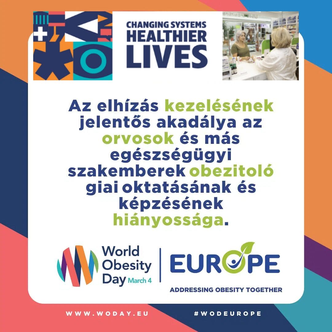 Poster promoting World Obesity Day March 4, featuring text about the need for obesity education for doctors and healthcare professionals, with logos for the event and Europe campaign.