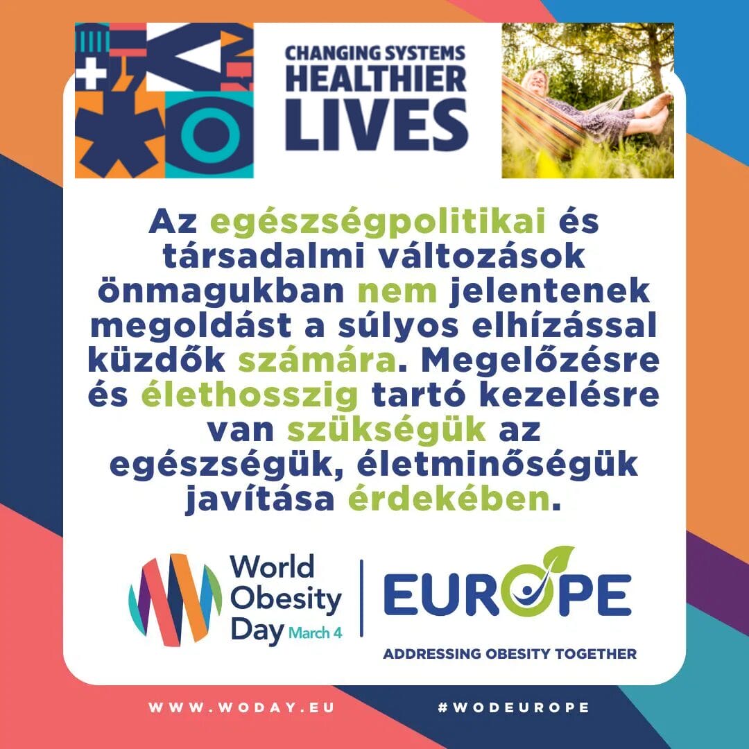 Colorful health awareness poster with text about obesity prevention and lifelong management. Includes World Obesity Day branding, “Changing Systems, Healthier Lives” slogan, and blue-green theme.