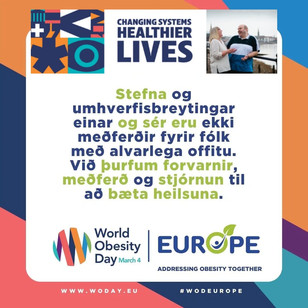 Promotional graphic for World Obesity Day, March 4, featuring text in Icelandic and logos of World Obesity Day and Europe.
