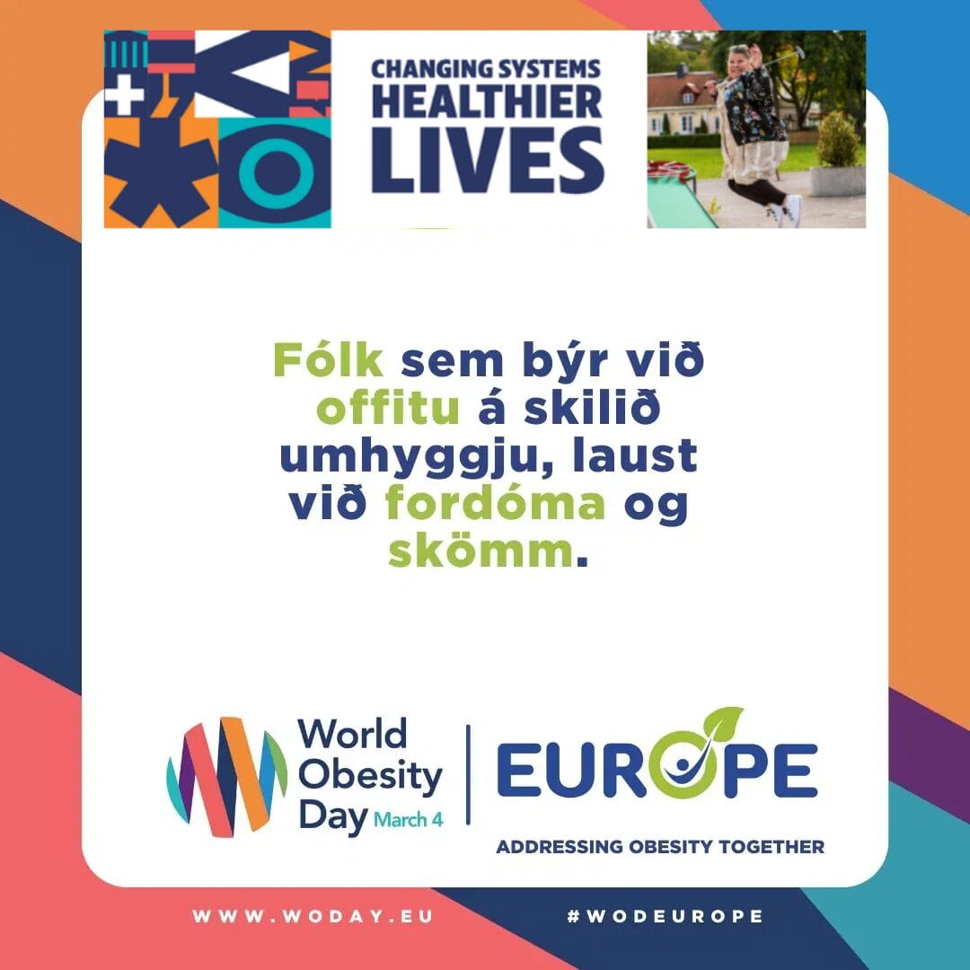 Promotional image for World Obesity Day with Icelandic text on fighting obesity stigma, and a picture of a child enjoying outdoor activities.