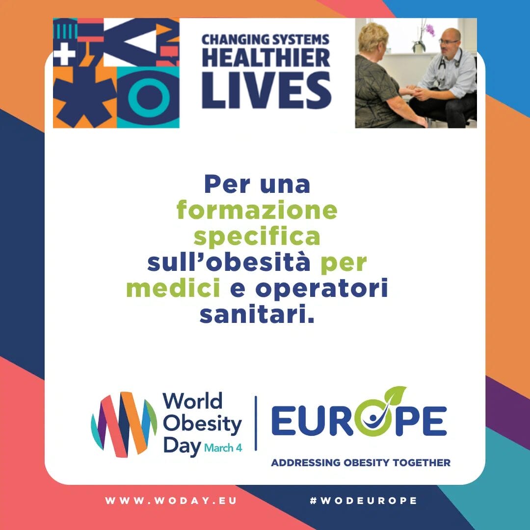 Infographic highlighting World Obesity Day in Europe. Text in Italian about specific training on obesity for healthcare professionals. Includes logos and a small image of a medical consultation.