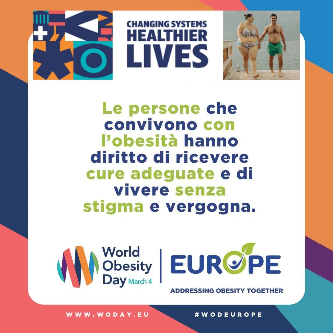 Poster advocating for obesity rights, featuring a message in Italian about care without stigma, with logos for World Obesity Day and Europe.