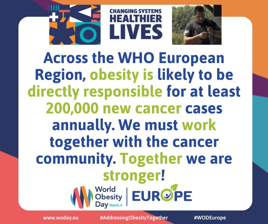 Graphic highlighting obesity's link to cancer in WHO European Region, citing 200,000 cases annually. Emphasizes collaboration with cancer community. Logos and hashtags included. Graphic highlighting obesity's link to cancer in WHO European Region, citing 200,000 cases annually. Emphasizes collaboration with cancer community. Logos and hashtags included.