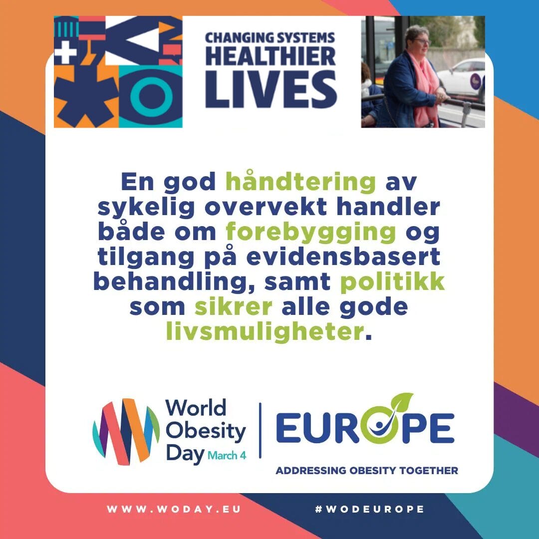 Informational graphic about World Obesity Day with text in Norwegian discussing prevention, treatment, and policy. Includes logos and hashtags.