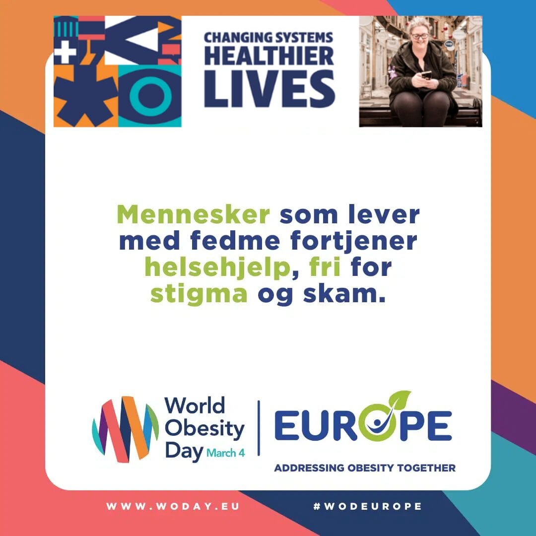 Promotional image for World Obesity Day Europe with the slogan about healthcare and stigma in Norwegian, featuring logos and a small photo of a person.