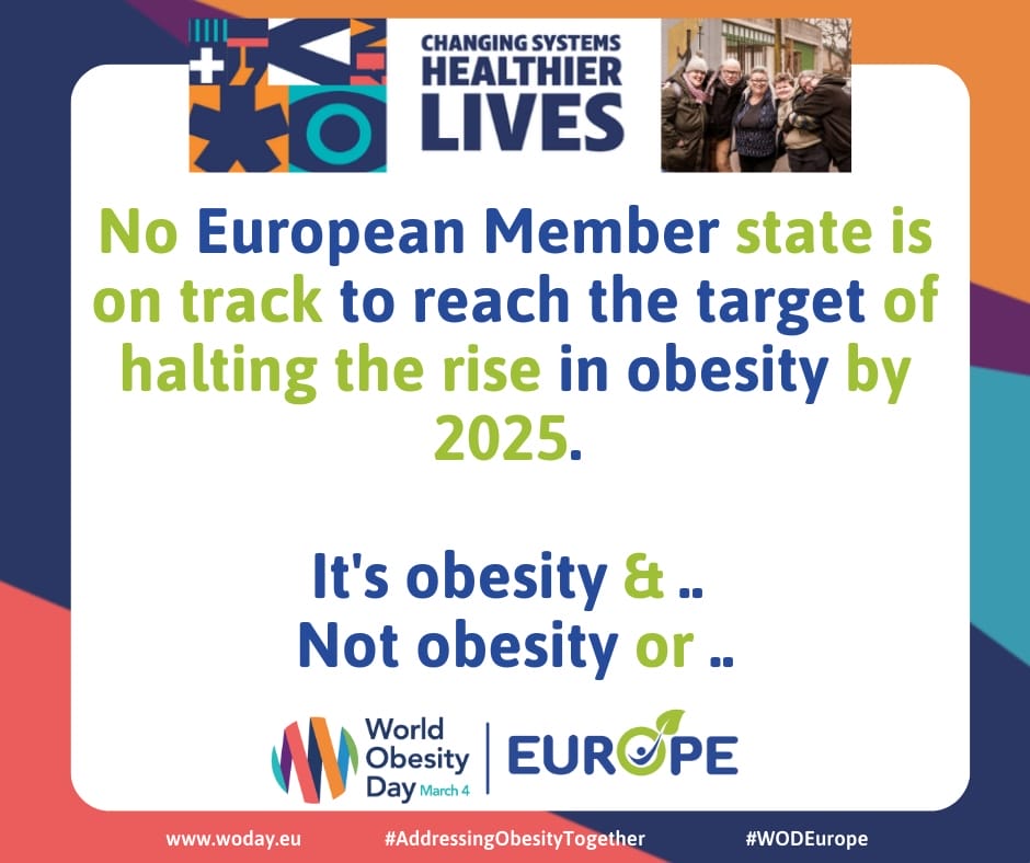 Graphic for World Obesity Day Europe stating no European country is on track to halt obesity rise by 2025. Text reads: "It's obesity & .. Not obesity or .." with logos and website links. Graphic for World Obesity Day Europe stating no European country is on track to halt obesity rise by 2025. Text reads: "It's obesity & .. Not obesity or .." with logos and website links.
