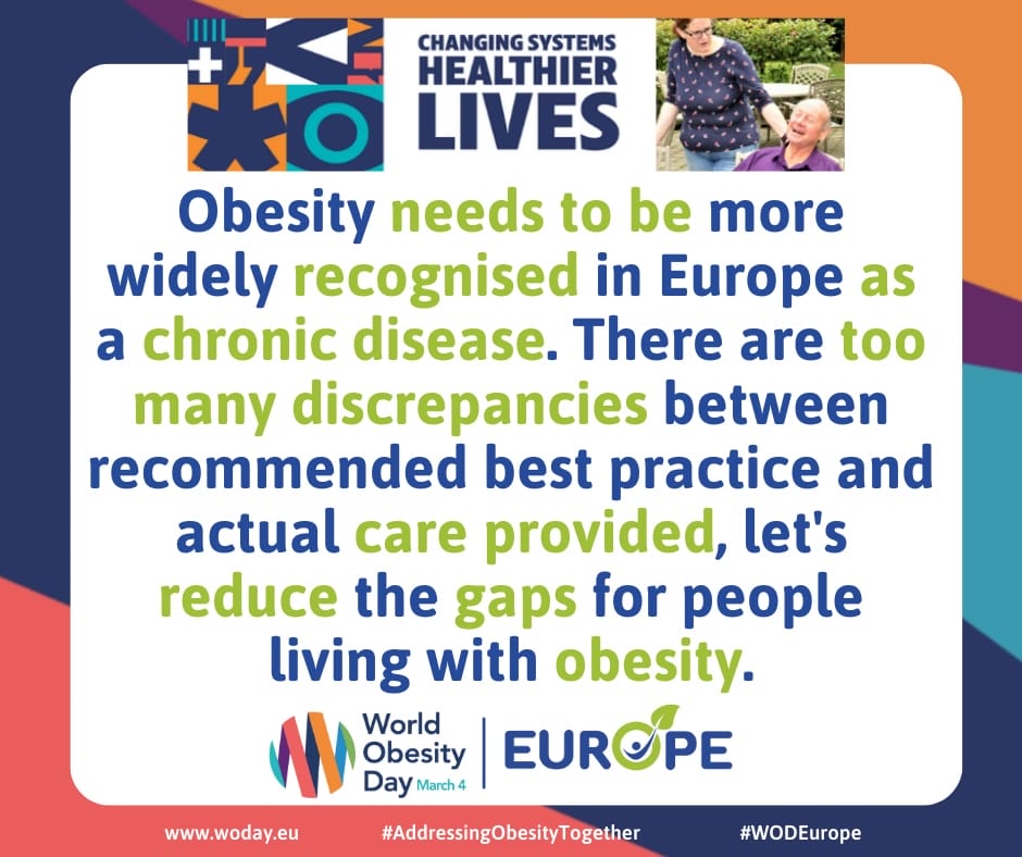 Infographic on obesity in Europe: Highlights the need to recognize obesity as a chronic disease and address discrepancies in care. Mentions World Obesity Day and related hashtags. Infographic on obesity in Europe: Highlights the need to recognize obesity as a chronic disease and address discrepancies in care. Mentions World Obesity Day and related hashtags.