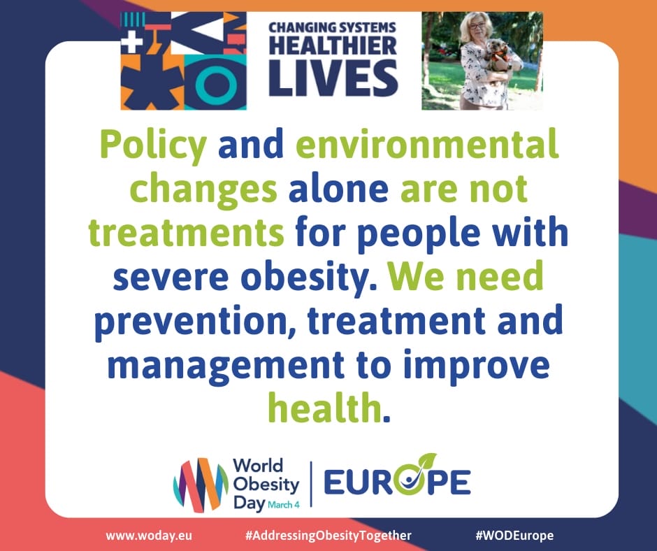 World Obesity Day poster highlighting the need for prevention, treatment, and management beyond policy and environmental changes to improve health in severe obesity cases. World Obesity Day poster highlighting the need for prevention, treatment, and management beyond policy and environmental changes to improve health in severe obesity cases.