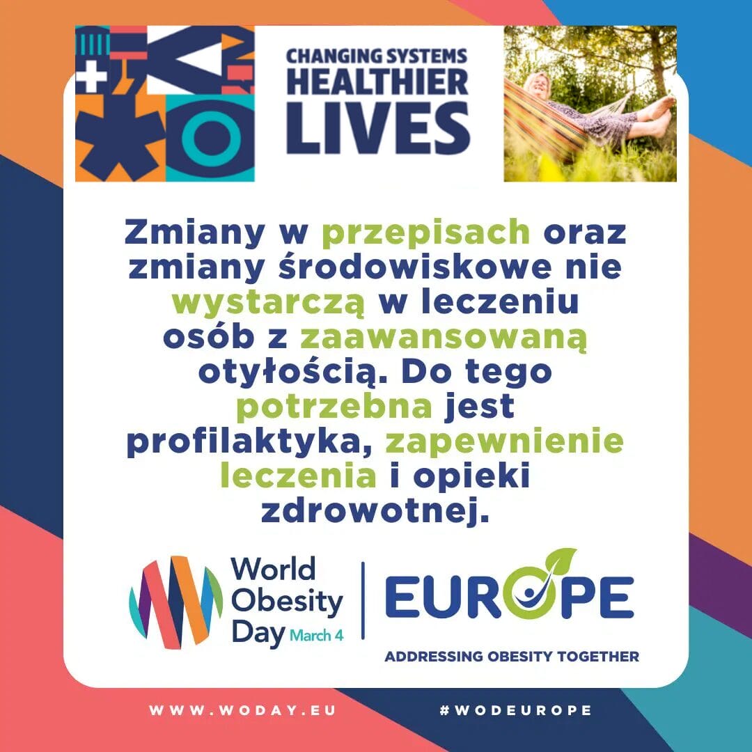 Graphic about World Obesity Day with Polish text discussing systemic change, prevention, and healthcare in addressing obesity. Includes "Changing Systems, Healthier Lives" and logos of World Obesity Day and Europe.