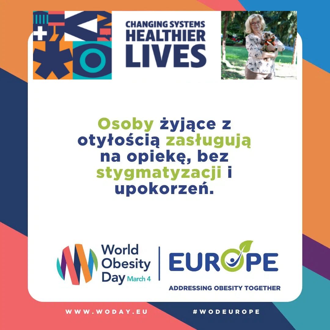 Promotional poster for World Obesity Day featuring text advocating against stigma and a small image of a person holding a dog.