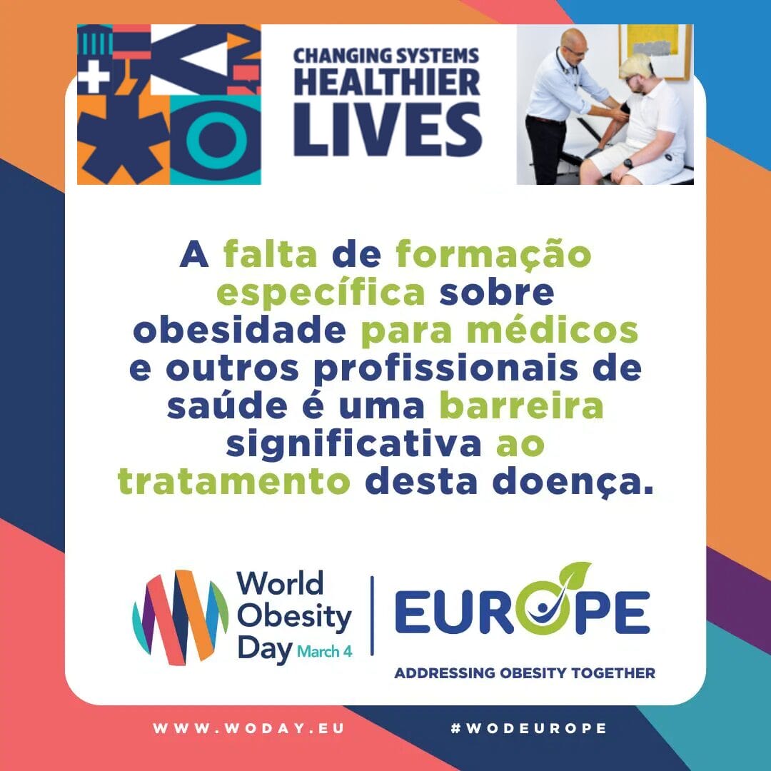 Promotional graphic for World Obesity Day, highlighting the need for specific training for healthcare professionals, with logos and text in Portuguese.