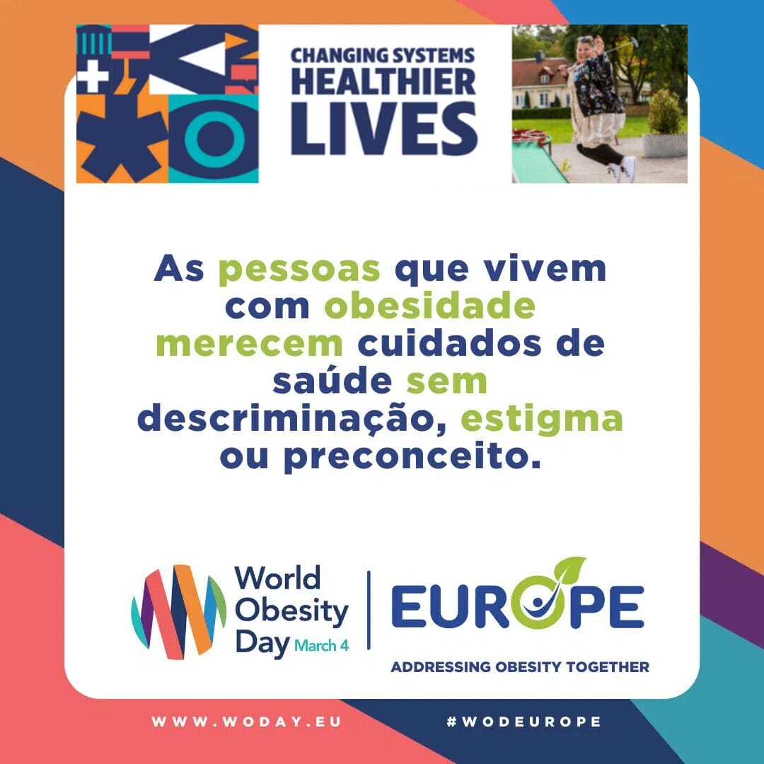 A multilingual World Obesity Day poster with a message against stigma, stating that people with obesity deserve nondiscriminatory healthcare.
