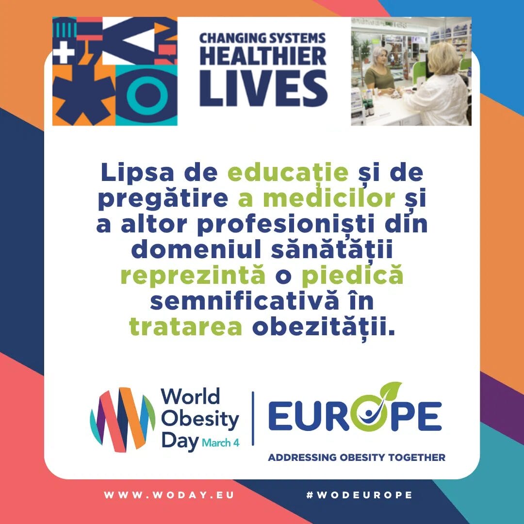 Infographic about World Obesity Day with a focus on education and training in healthcare. Includes abstract symbols and a photo of people in a pharmacy. Text in Romanian.