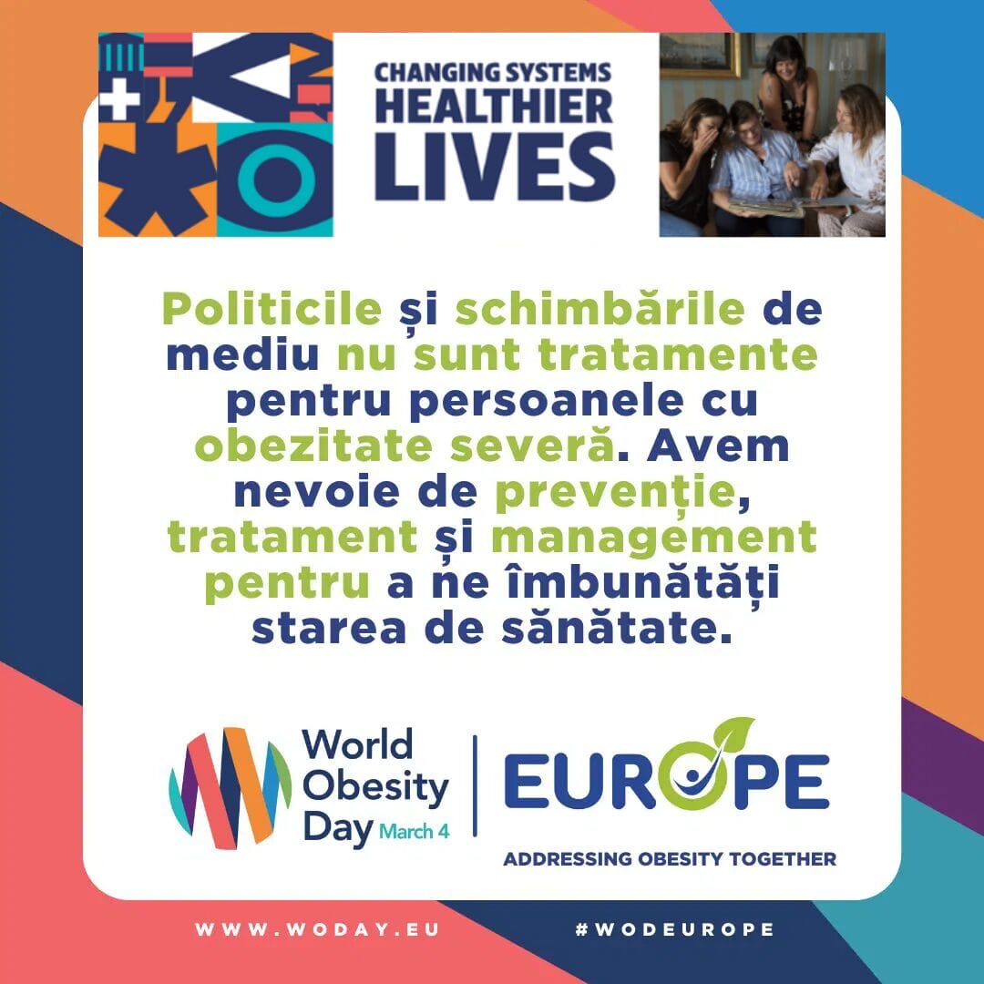 Informational poster about World Obesity Day, highlighting policies and management for severe obesity. Includes a call to action for improved health and an image of a group discussing.