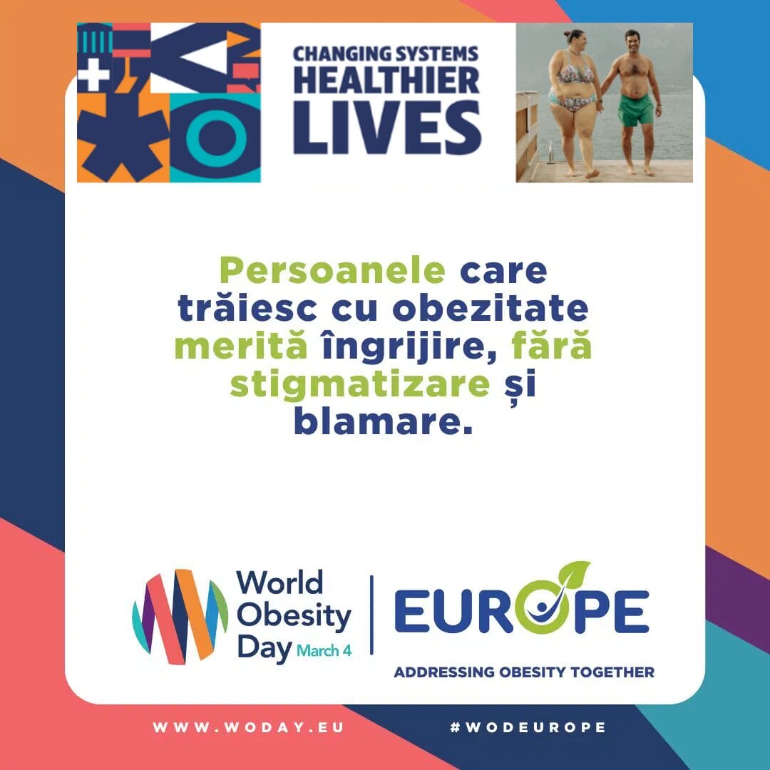 World Obesity Day poster with the text emphasizing no blame for those living with obesity. Includes organization logos and the date March 4.