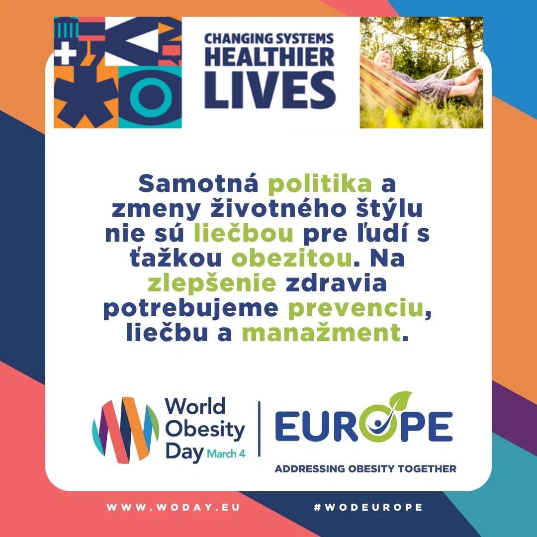 Multicolored poster for World Obesity Day with Slovak text about the importance of prevention, treatment, and management for severe obesity.
