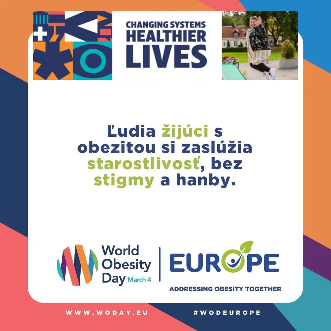 Promotional poster for World Obesity Day, highlighting a message in Slovak promoting care and reducing stigma. Includes logos and colorful graphics.
