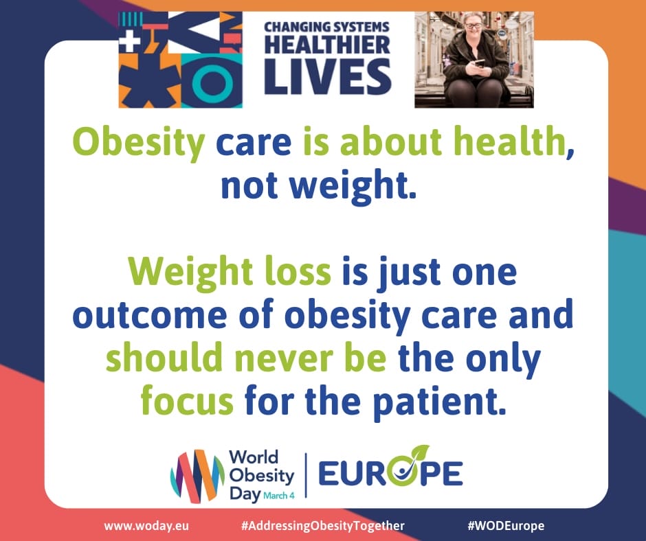 Graphic highlighting obesity care as health-focused, emphasizing weight loss as one outcome. Includes logos for World Obesity Day and Europe, and a small image of a person in the top corner. Graphic highlighting obesity care as health-focused, emphasizing weight loss as one outcome. Includes logos for World Obesity Day and Europe, and a small image of a person in the top corner.
