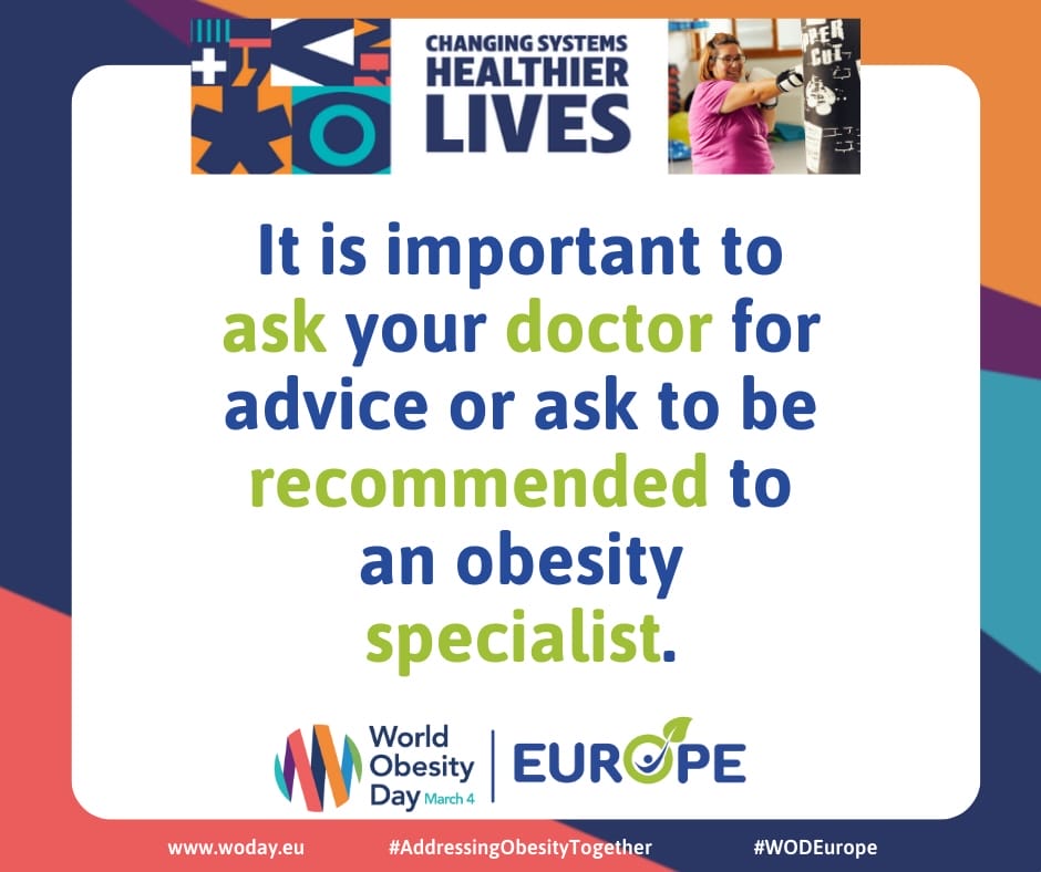 Informative graphic promoting World Obesity Day. Text advises consulting a doctor or obesity specialist. Includes logos and vibrant design elements. Informative graphic promoting World Obesity Day. Text advises consulting a doctor or obesity specialist. Includes logos and vibrant design elements.