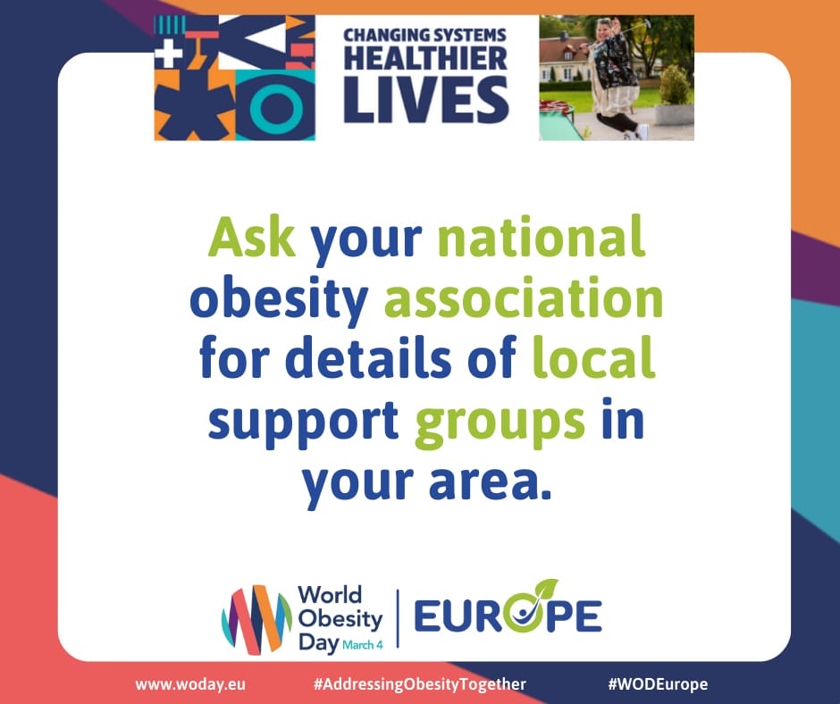 Promotional graphic for World Obesity Day, March 4, encouraging contacting national obesity associations for local support groups. Promotional graphic for World Obesity Day, March 4, encouraging contacting national obesity associations for local support groups.