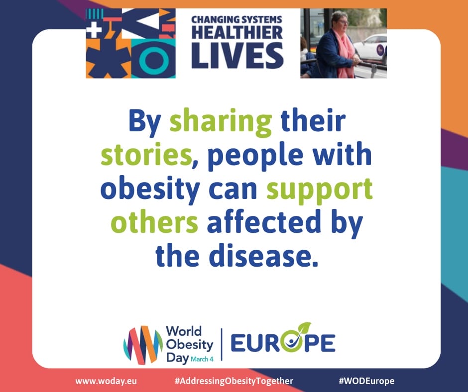 Informational poster for World Obesity Day, March 4. Text emphasizes sharing stories and supporting others. Includes logos and website details. Informational poster for World Obesity Day, March 4. Text emphasizes sharing stories and supporting others. Includes logos and website details.