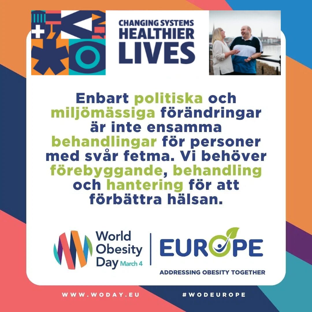 Informational poster on obesity. Text in Swedish discusses the need for prevention and treatment in addressing obesity. Includes logos for World Obesity Day and Europe initiative.