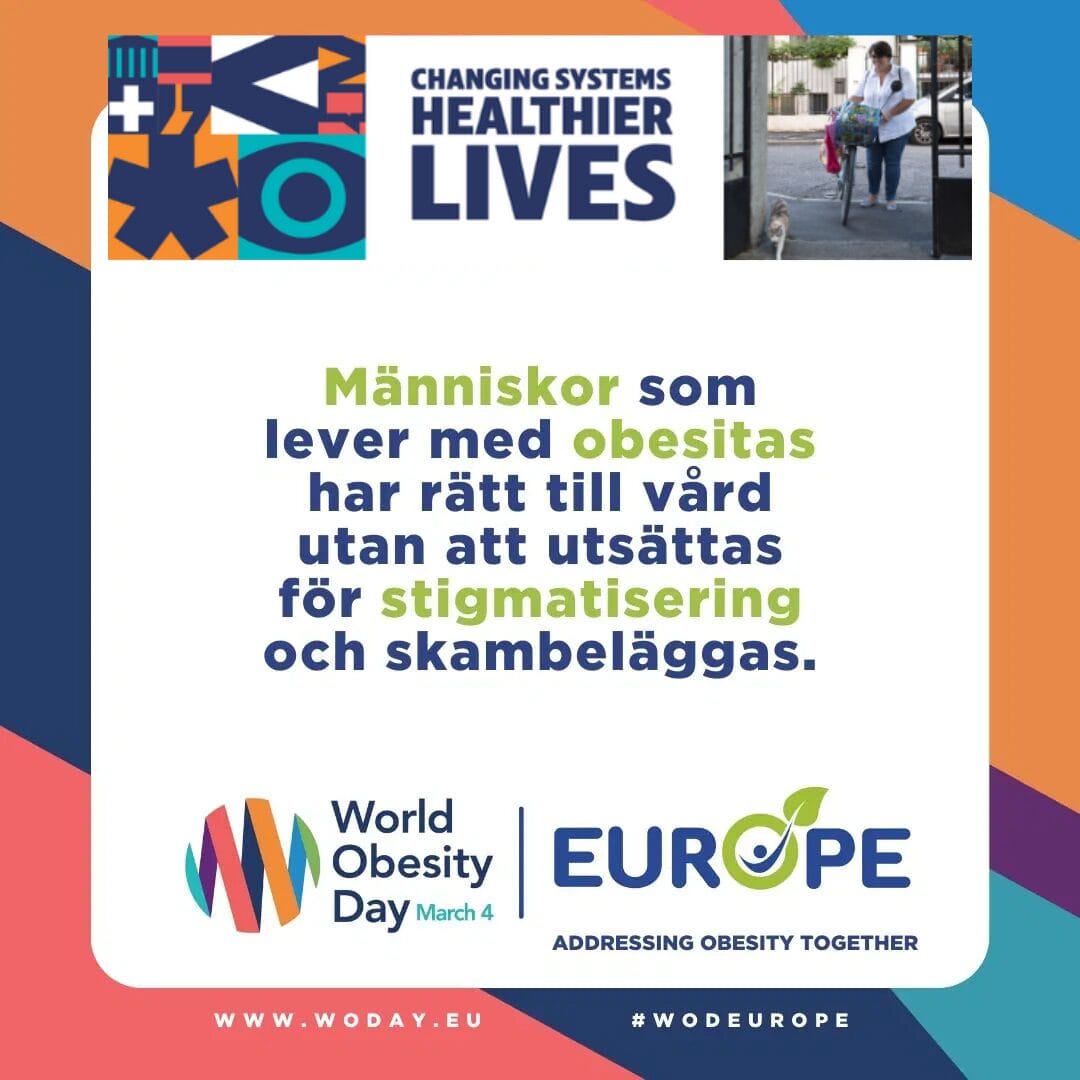 Promotional poster for World Obesity Day, March 4, with text in Swedish advocating for healthcare access without stigma. Includes logos and a small image of a person with a child and dog.