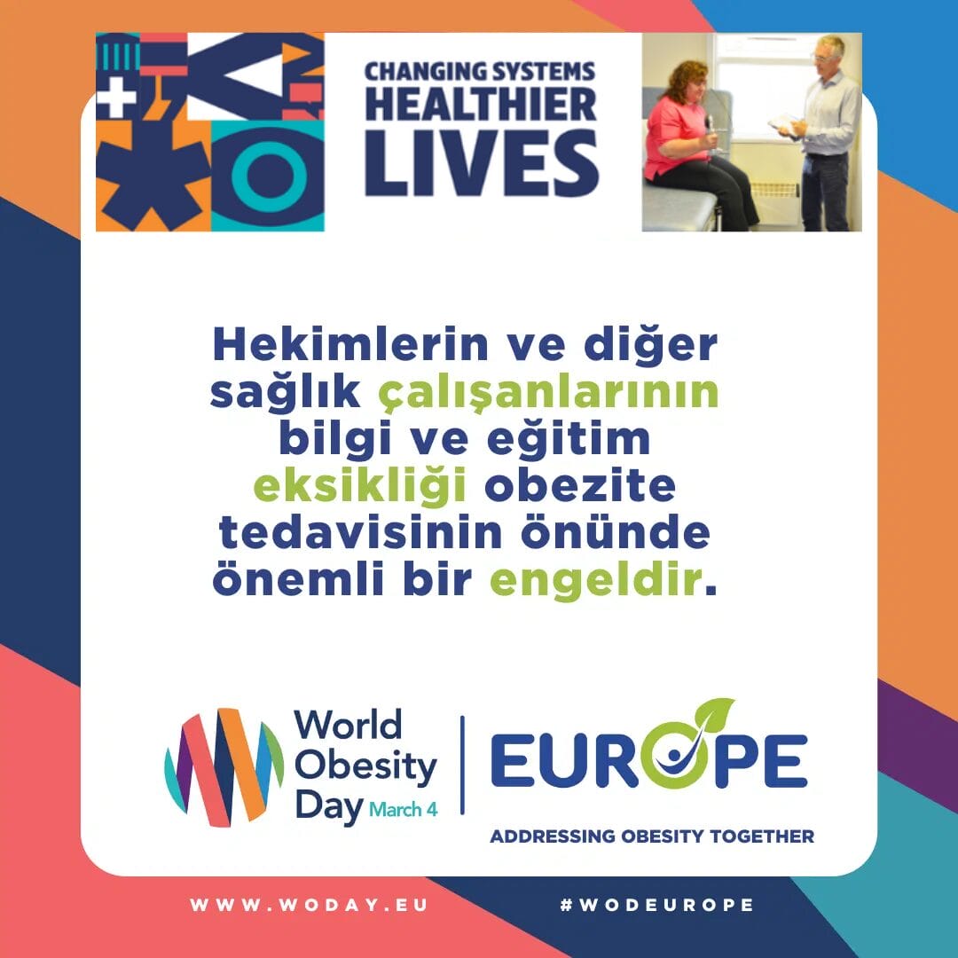 Poster promoting World Obesity Day with text in Turkish and English, highlighting the importance of healthcare education in obesity treatment. Features abstract design and people in discussion.