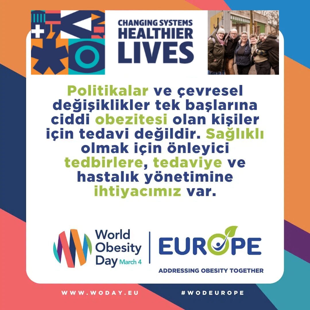 Promotional image for World Obesity Day includes logos, a photo of people, and text about the need for policies and healthcare in Turkish.