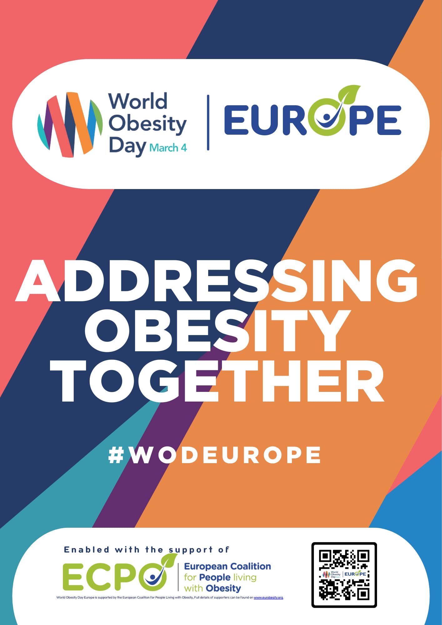Promotional poster for World Obesity Day Europe, March 4. Text reads "Addressing Obesity Together" with logos and a QR code at the bottom.