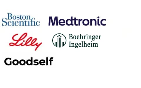 Logos of Boston Scientific, Medtronic, Lilly, Boehringer Ingelheim, and Goodself, displayed on a white background.