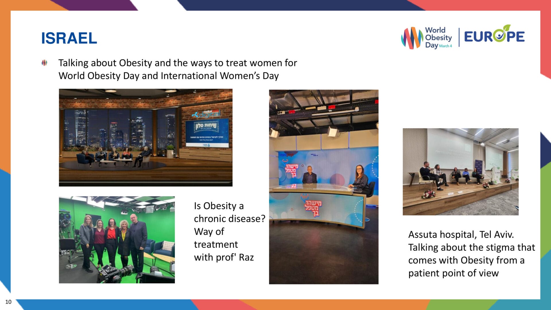 A collage shows TV interviews and a hospital panel in Israel discussing obesity treatment and stigma for World Obesity Day and International Women's Day.