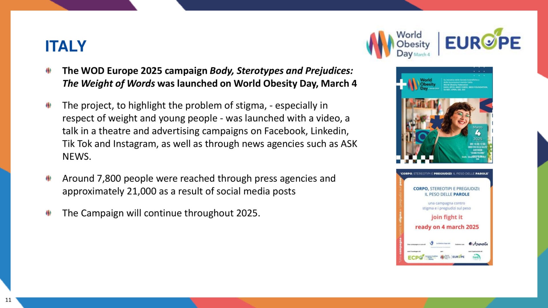A slide summarizes the World Obesity Day 2025 campaign "Body, Stereotypes and Prejudices: The Weight of Words," highlighting its launch, reach, and ongoing activities, with campaign visuals on the right.