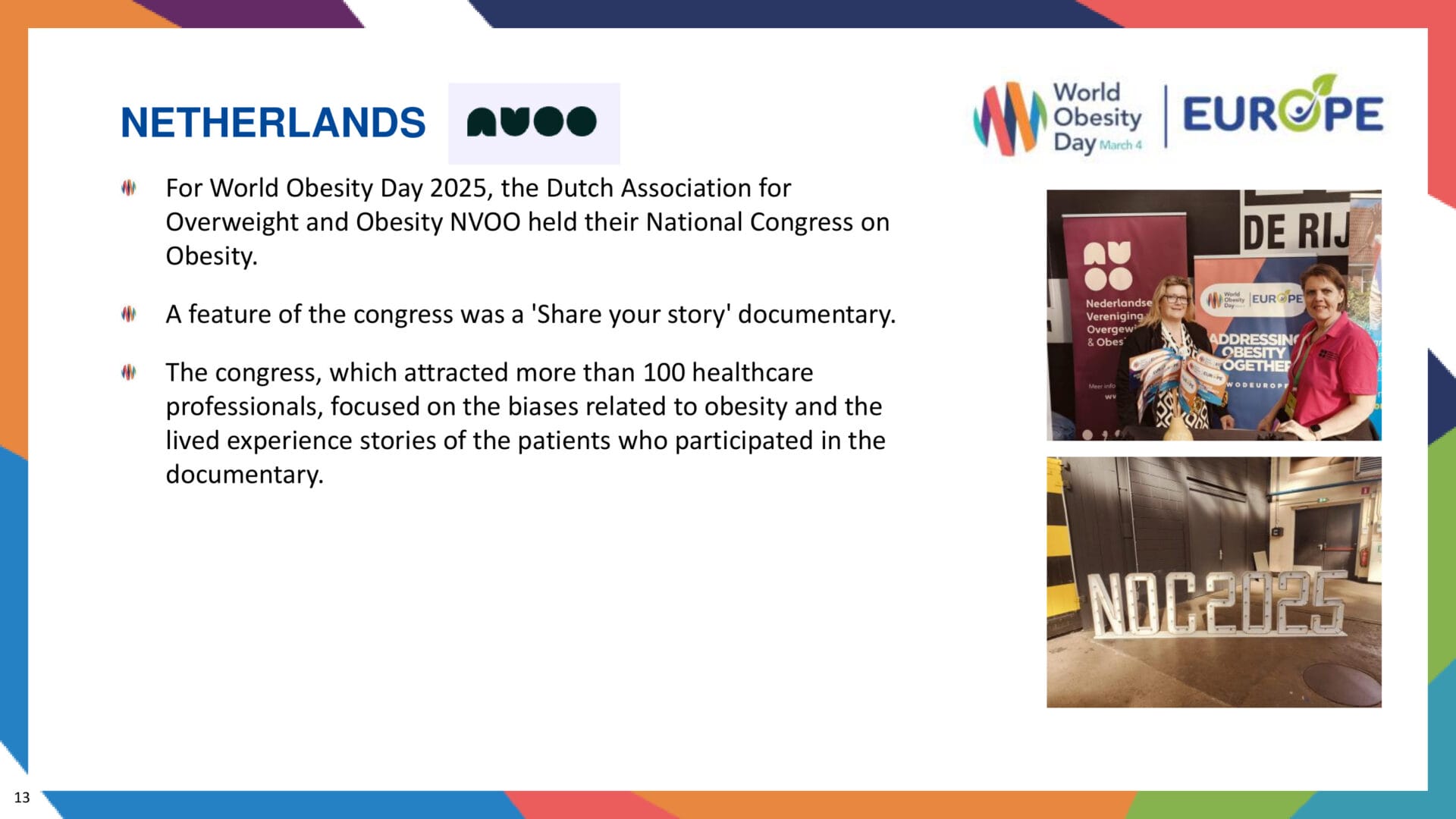 Slide detailing the Netherlands' World Obesity Day 2025 event by NVVO, with photos of congress signage, speakers, and large NVVO letters on display.