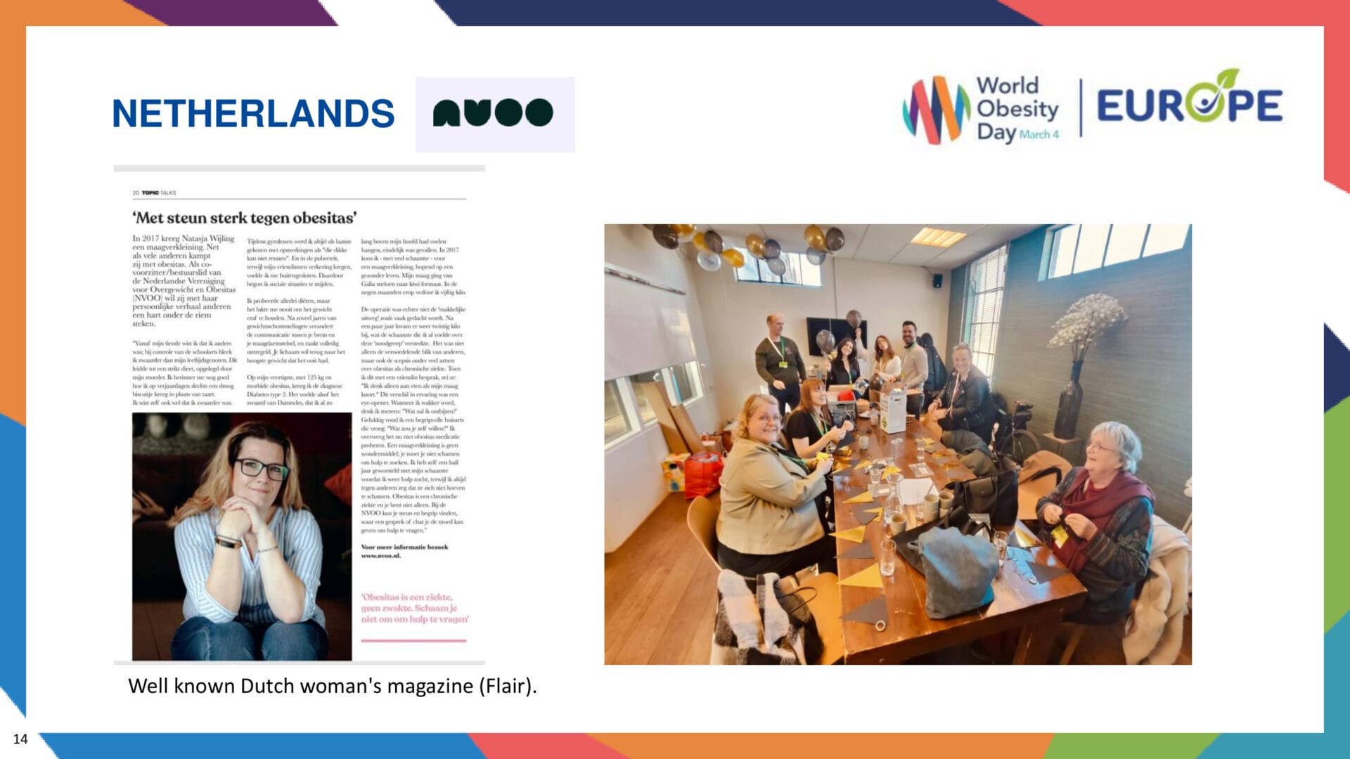 A magazine article on the left and a group of people having a meeting around a wooden table on the right. Logos for "World Obesity Day Europe" and "NETHERLANDS" are visible.