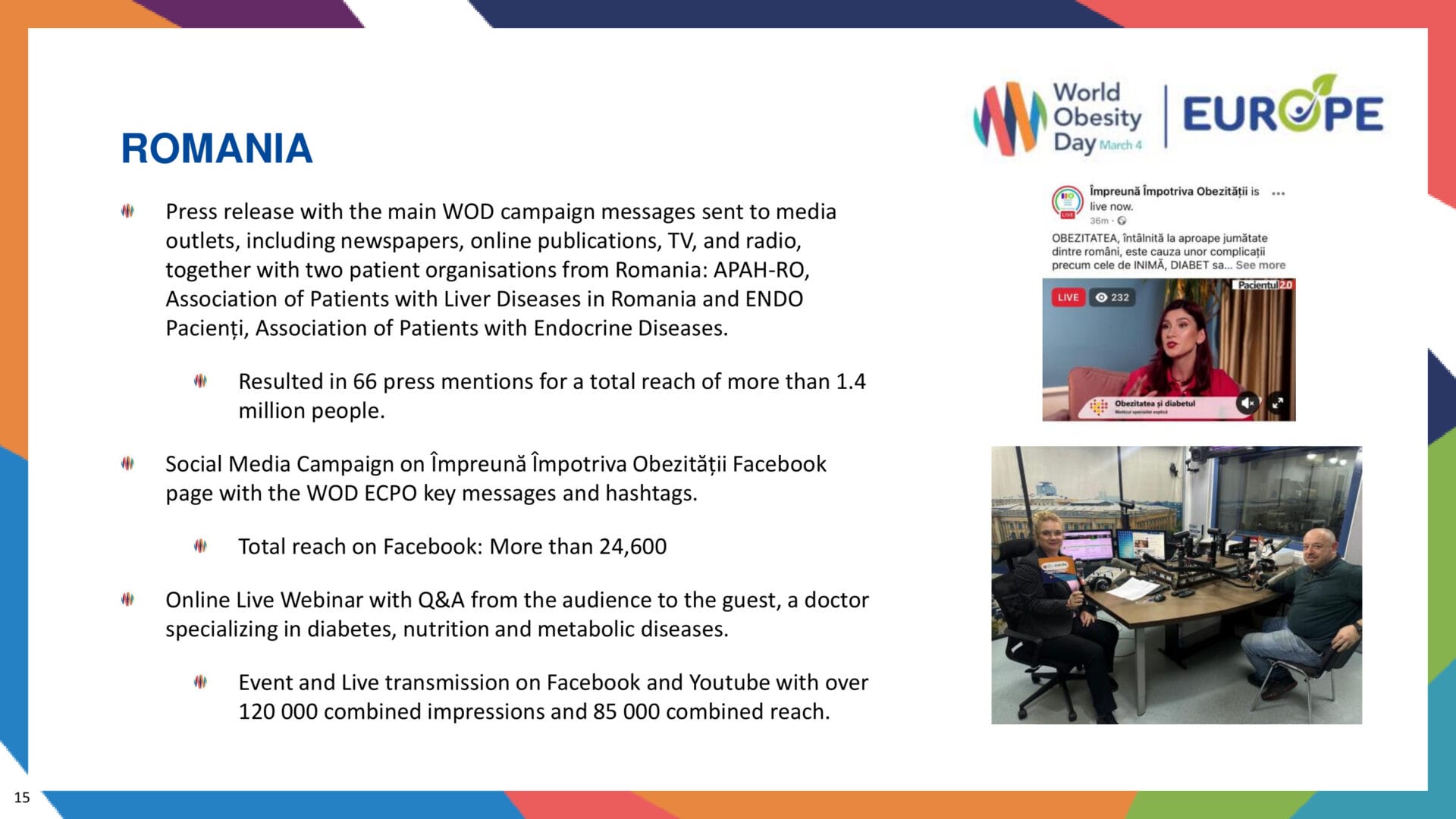 A presentation slide details Romania’s World Obesity Day media campaign and impact statistics. An inset photo shows two people in a radio studio during a broadcast.