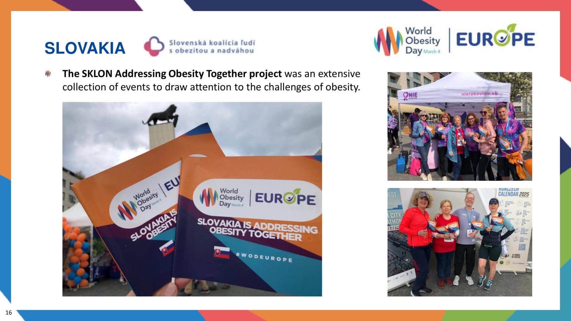 Collage showing pamphlets for the SKLON Addressing Obesity Together project, a tent event, and participants posing with medals and banners in Slovakia for World Obesity Day Europe.