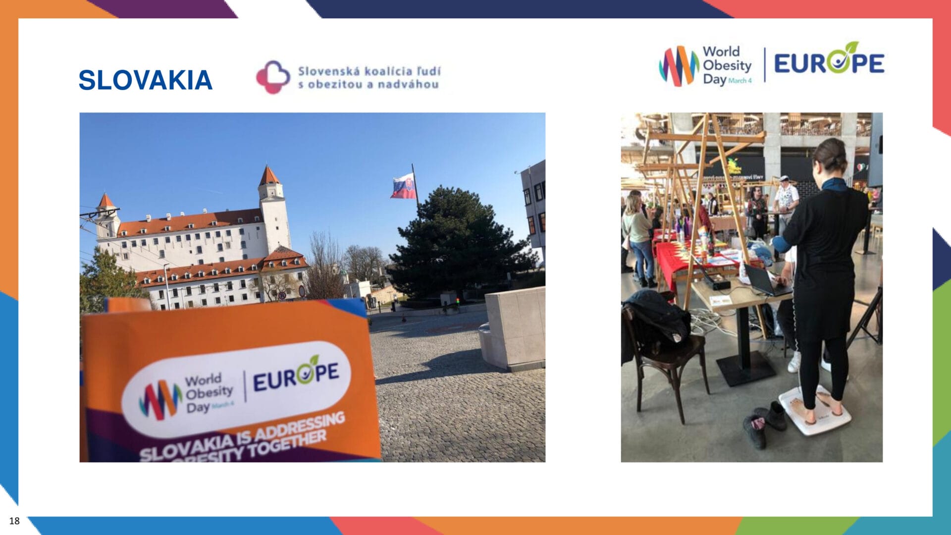 Two images from Slovakia for World Obesity Day: a pamphlet in front of Bratislava Castle and a person standing on a scale at an indoor event.