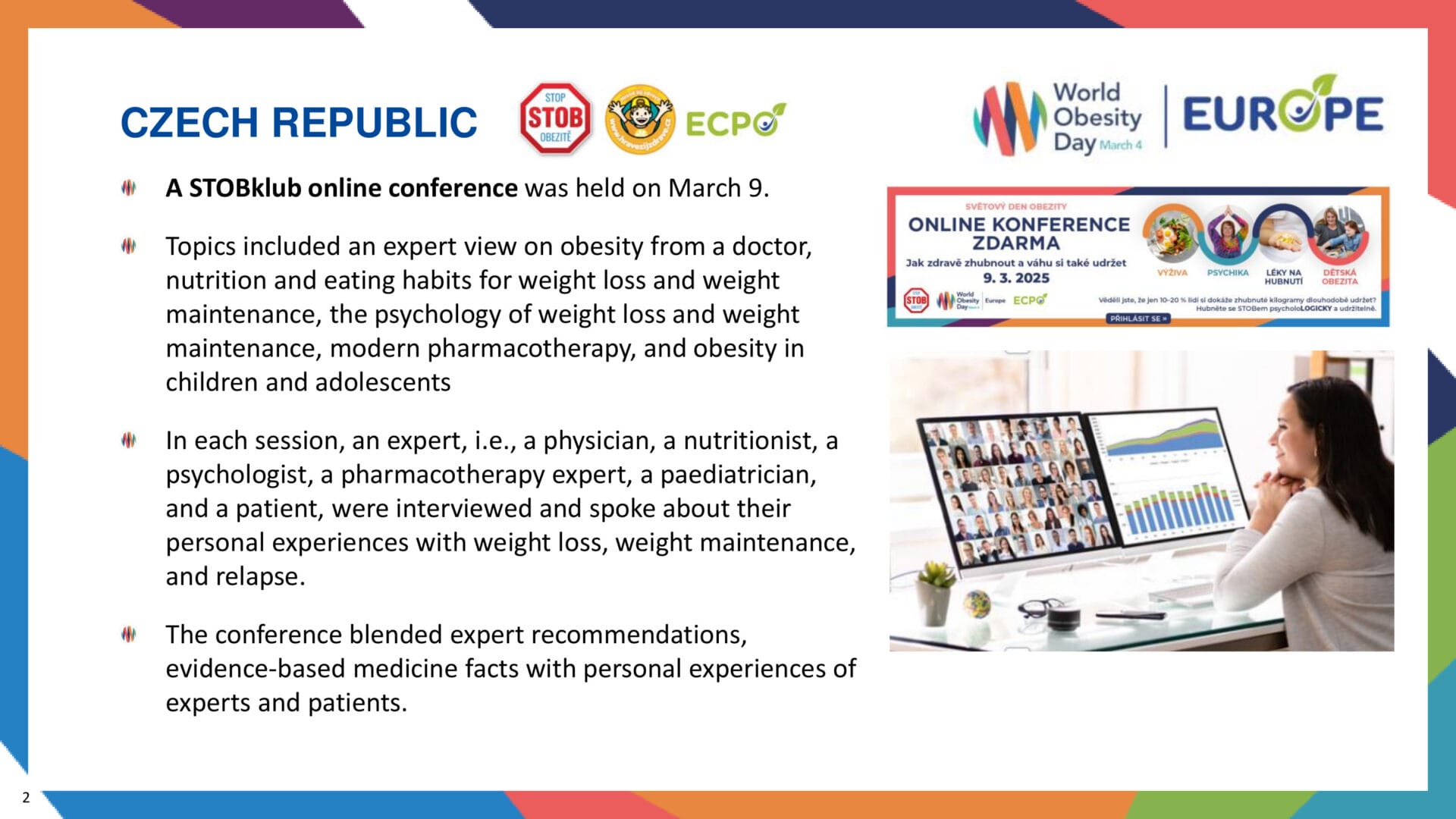A Czech online obesity conference slide with logos, a description of the event, and images of a computer screen showing a video conference and a poster.