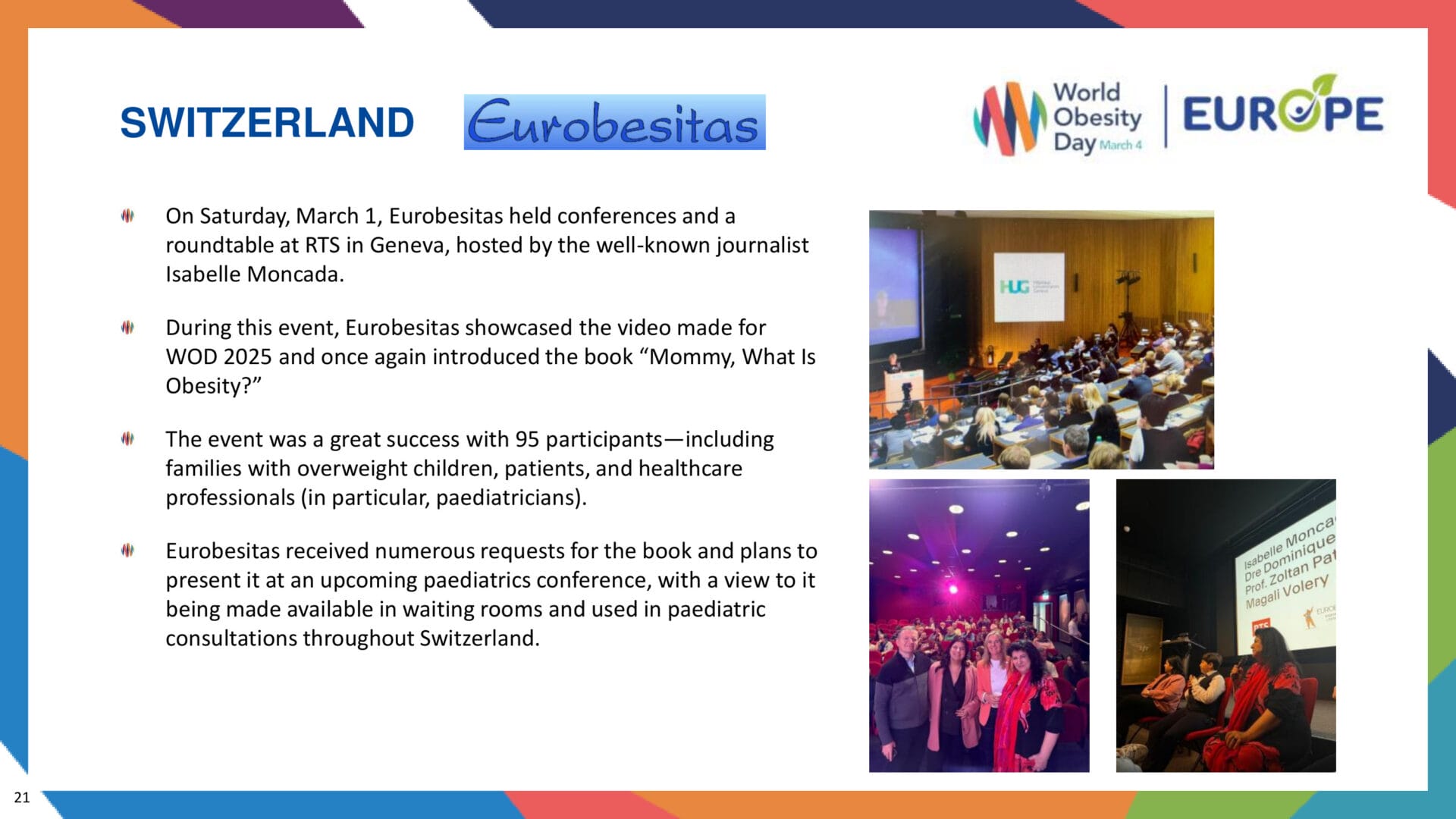 A slide about Switzerland’s Eurobesitas event for World Obesity Day, featuring photos of speakers, conference attendees, and the World Obesity Day logo, with summaries of activities and outcomes.