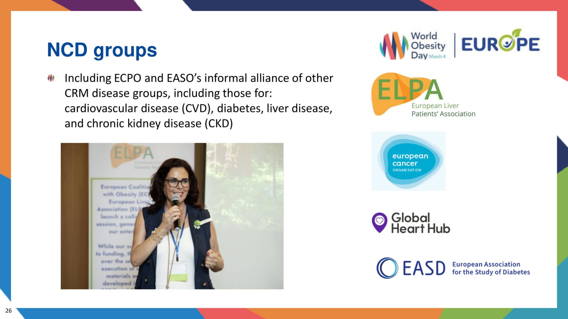 A woman speaks into a microphone during a presentation; logos of health organizations and a list of NCD groups appear on the right.